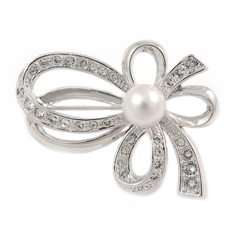 Small Crystal Faux Pearl Bow Brooch In Rhodium Plated Metal - 40mm L