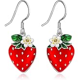 Strawberry Earrings Red Strawberry Dangle Sterling Silver Flower Earrings for Women Fruit Blossom Strawberries Gift