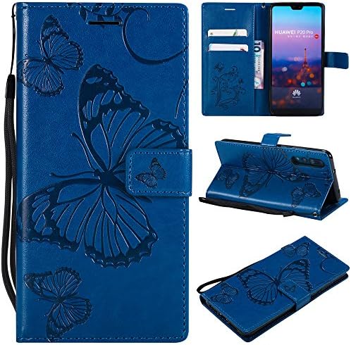 MGVV Huawei P20 Pro Cell Phone Case, [Butterfly Embossing] [Kickstand] PU Leather Wallet Case with 3 ID&Credit Cards Pocket & Kickstand Function for Huawei P20 Pro Blue