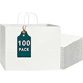 Bakepacker 100-Pack Wide Large Size Paper Bags With Handles Bulk 12.6"x4.3"x10" White Party Shopping Bags