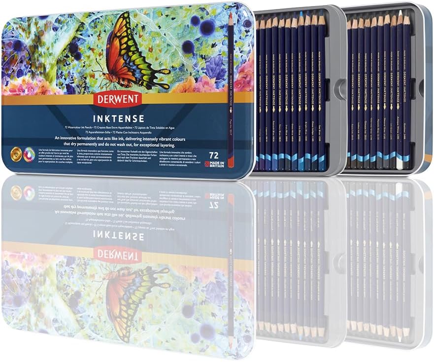 Derwent Inktense 72 Pencil Set in 2 Layer Tin, 4mm Core, Water-Soluble