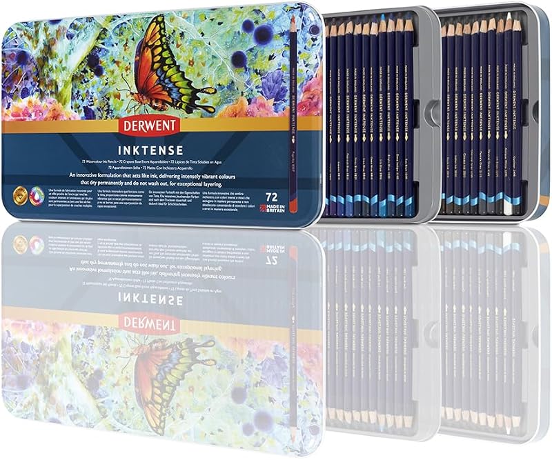 Derwent Inktense 72 Pencil Set in 2 Layer Tin, 4mm Core, Water-Soluble