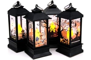 SEASONS STARS SSDECOR Halloween Portable Lanterns Orange Candle LED Halloween Lamp Lights, Spooky Skeleton Owl Bat Castle Flame Lights Hanging Lanterns