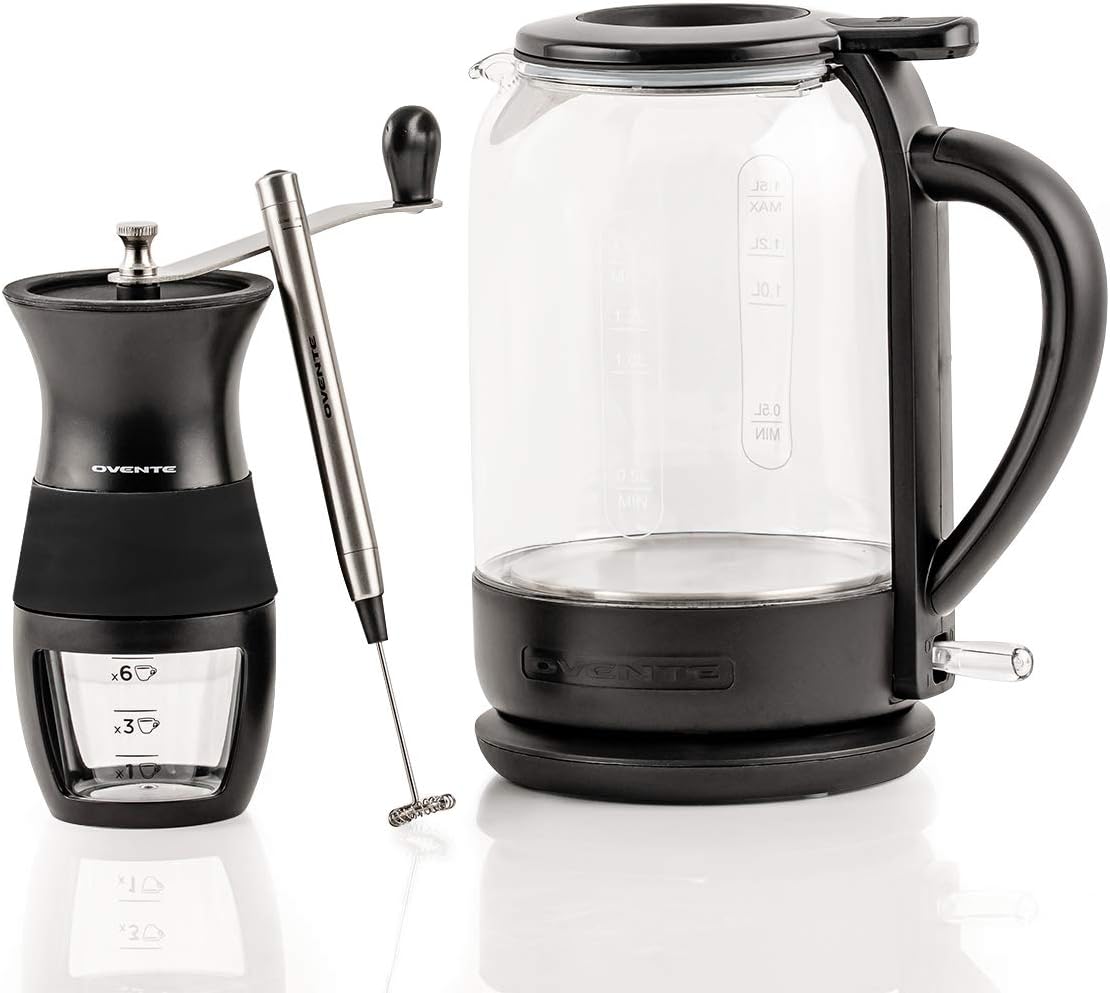 Ovente Coffee Set Bundle with Electric Glass Hot Water Kettle 1.5 Liter with ProntoFill Technology + 12 Gram Manual Coffee Grinder + Stainless Steel Handheld Milk Frother, Surprise for Coffee Lovers