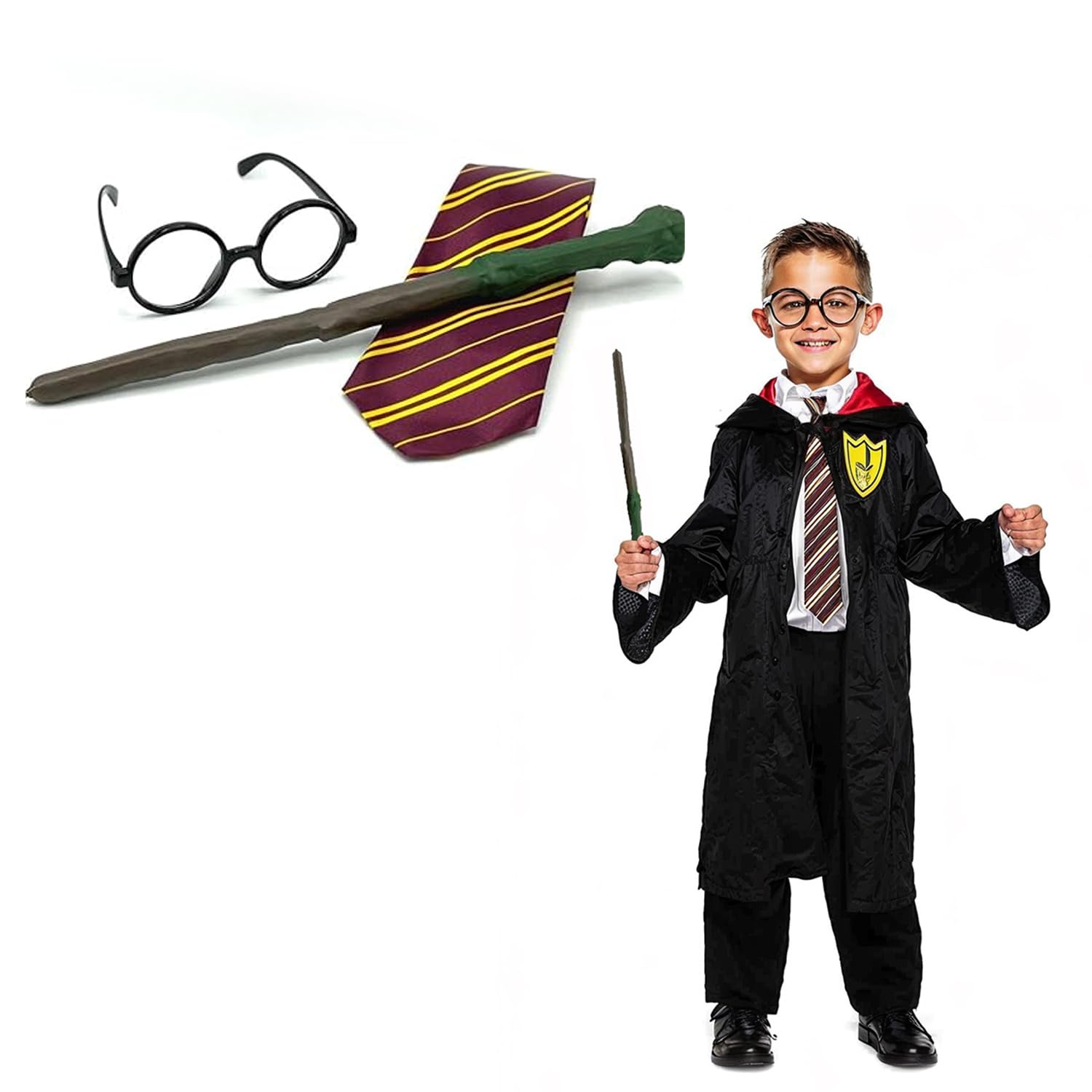 Bella Dox Deluxe Children's Kids Boys Wizard Robe + Tie + Glasses + Magic Wand - World Book Week Day School Events Magician Fancy Dress Costume Outfit (10-12 Years)