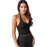 YEOREO Women's Halter Crop Top V Neck Workout Going Out Tank Top Hazel Padded Sleeveless Backless Trendy Summer Camisole