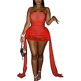 Sexy Off Shoulder Mesh Sheer Y2k Tube Mini Dress for Women Ribbon Bodysuit Party Club Birthday Dresses Date Night