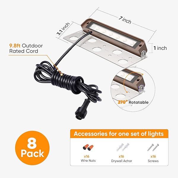8-PACK 7 INCH 5CCT RETAINING WALL LIGHTS, 4W LED HARDSCAPE LIGHTING, LED LANDSCAPE LIGHTING, 12V-15V LOW VOLTAGE OUTDOOR STEP LIGHTS, PAVER LIGHTS, 2200K/2700K/3000K/4000K/5000K SELECTABLE, ETL