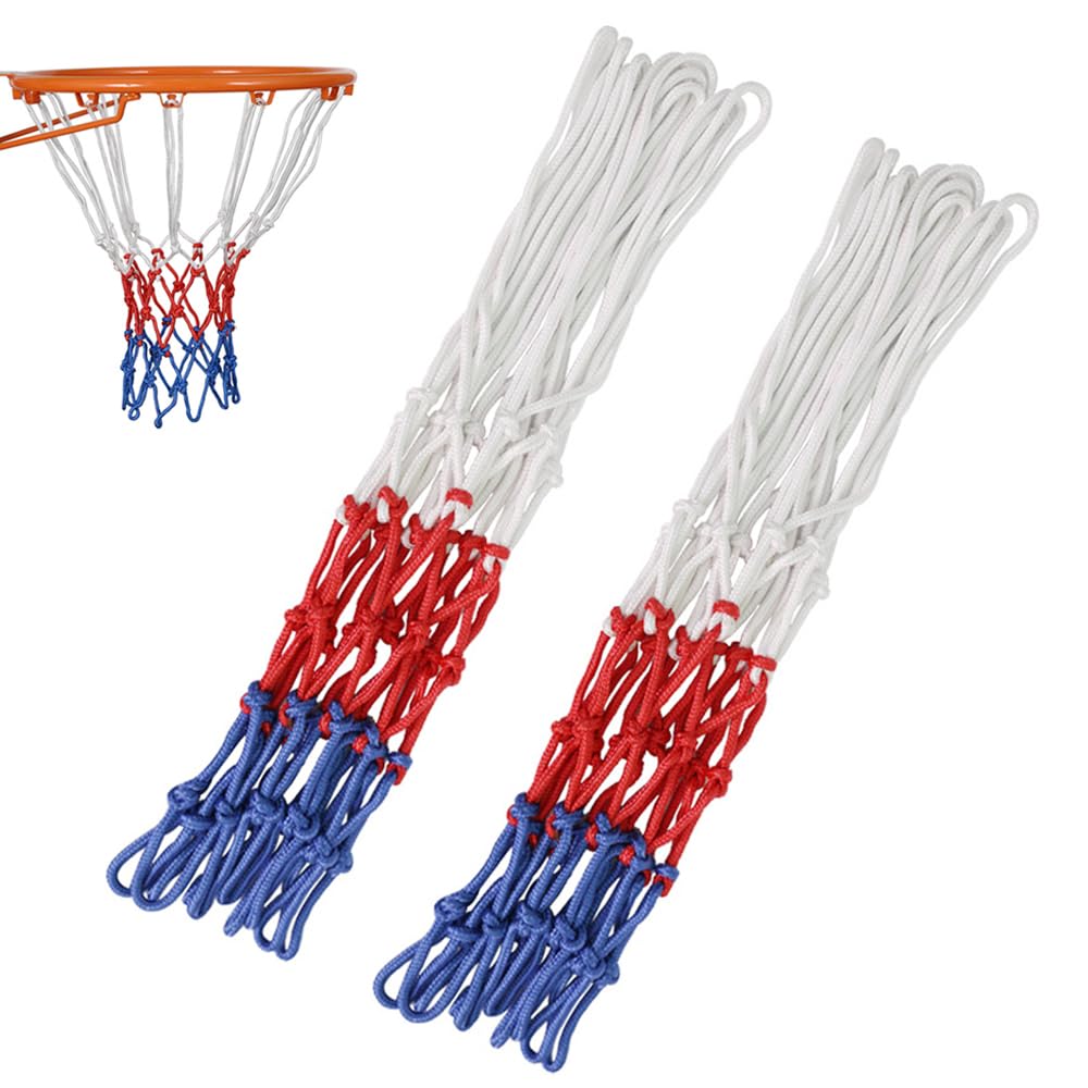 TRKETK 2 Pcs Heavy Duty Basketball Net, Braided Multi-Color Basketball Net Netball Net Fits Standard 12 Loop Basketball Hoop Tri-Colored Basketball Hoop Nets Replacement for Outdoor Indoor Sports