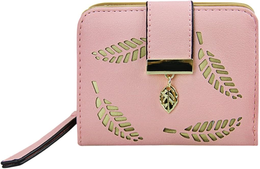 Zip Around Leather Wallet with ID Window, Short Bifold Money Clip Coin Purse Card Holder Leaf Clutch for Women Teenage Girl Gift