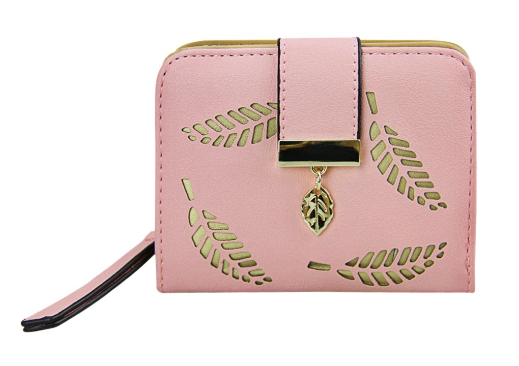 Zip Around Leather Wallet with ID Window, Short Bifold Money Clip Coin Purse Card Holder Leaf Clutch for Women Teenage Girl Gift