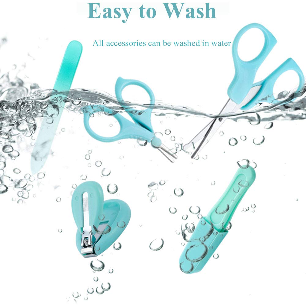 5 PCS Baby Grooming Kit Newborn Manicure Set Include 2 Safety Scissors,Nail Clipper,Nail File,Tweezers with 1 PC Free Bunny Ear Case Perfect for Shower Gift (Blue)