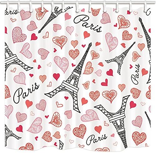 GoEoo Valentine's Day Shower Curtains for Bathroom Watercolor Eifel Tower Paris in Red Hearts Of Love Polyester Fabric Waterproof Bath Curtain Shower Curtain Hooks Included 69X70in