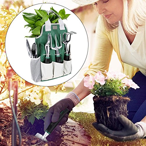 Fashine 9PCs/11PCs Garden Tools Set - Includes Trowel, Transplanter, Cultivator, Pruner, Weeder, Weeding Fork, Tote, Gloves, Tool Organizer Bag, Apron ETC.[US Stock] (11 PCs Green)