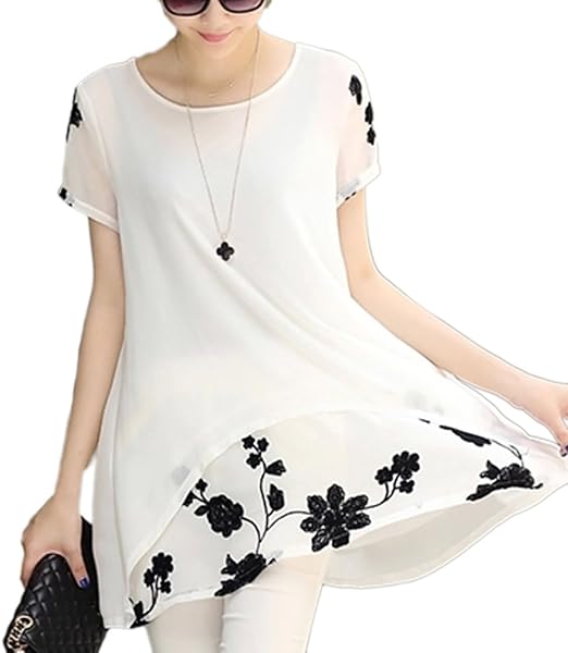 Amazon Co Jp J S By James Square ジェームズ スクエア シフォン Aライン チュニック レイヤード 花柄 刺繍 レディース シフォンブラウス 黒 大きいサイズ 白 オフィス オシャレ レディース黒 セクシー シフォンチュニック シフォンチュニックワンピース 夏 夏物