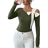 SweatyRocks Women's Long Sleeve Cut Out Bow Knot Asymmetrical Fitted T Shirt Top