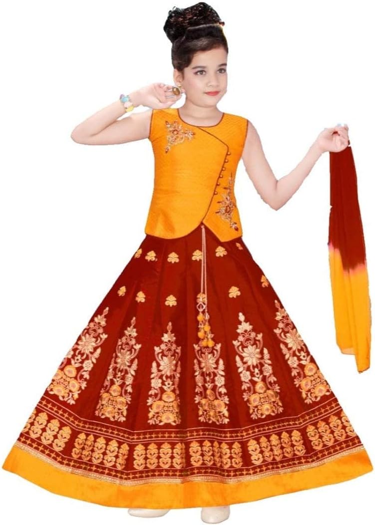 Krishna Sarees GLC19099 Red and Mustard Girl's Lengha Choli Indian Aladdin Bollywood Party Outfit with Skirt, Blouse and Dupatta Age 4-16 Years