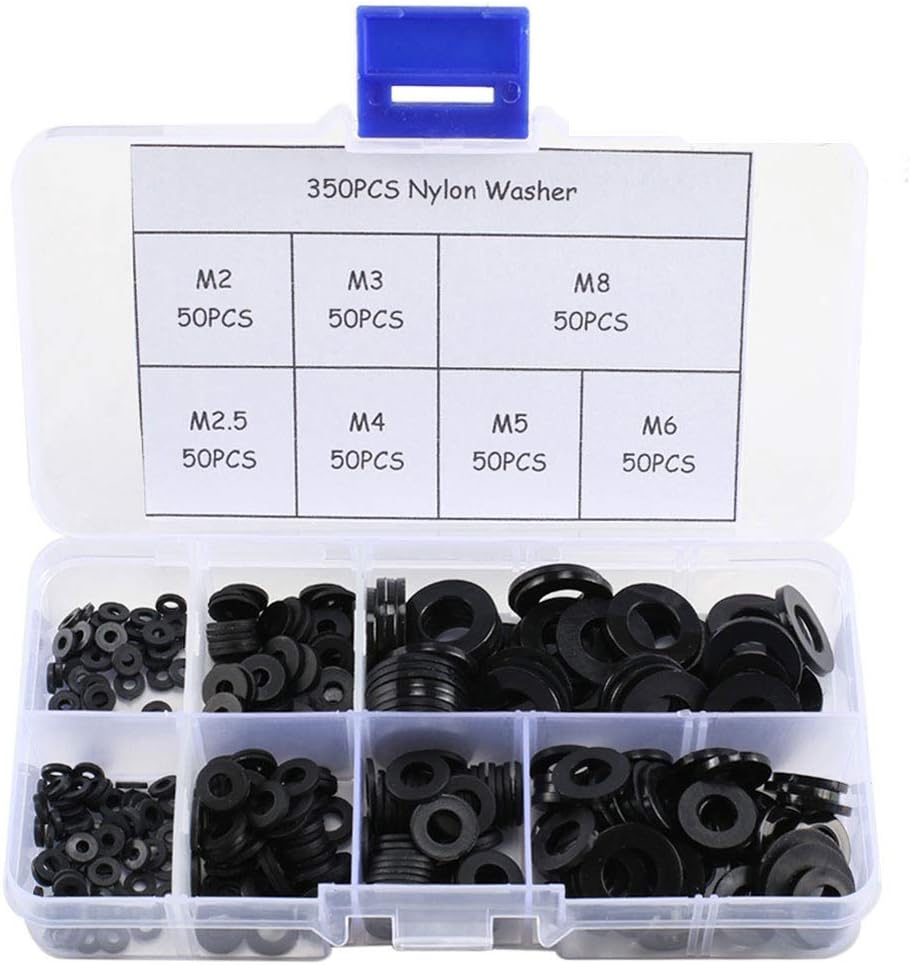 FOGAWA Plastic Flat Washer 350pcs Insulating Flat Round Nylon Spacers Washers Gaskets Ring Assortment Kit for M2 M2.5 M3 M4 M5 M6 M8 Screws Bolts，Black