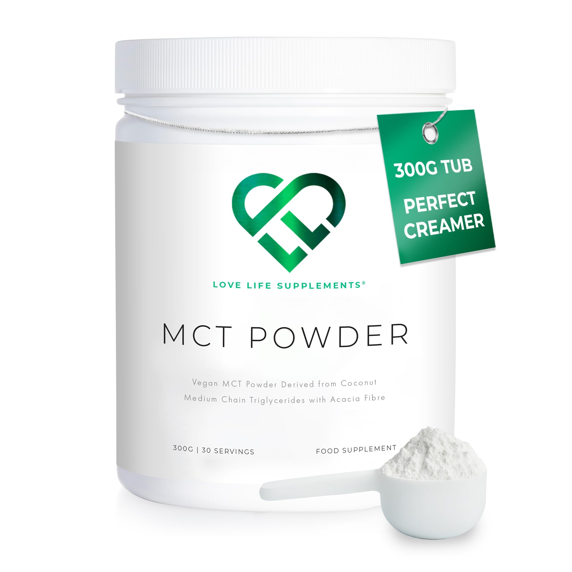 MCT Powder by LLS, 300g - 30 Servings, 100% from Coconuts, MCT Oil Powder High in Healthy Fats and Acacia Fibre, 0g Carbs, Perfect for Keto Diet, Completely Vegan, Lab Tested - Love Life Supplements