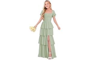 wyxis Tiered Ruffles Junior Bridesmaid Dresses Chiffon Flower Girl Dress for Wedding Pageant Formal Dresses for Girls
