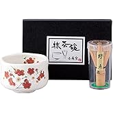Waraku Fuuka Japanese Traditional Mino Ware Handcrafted Mini Matcha Chawan Tea Bowl Cup Set With Chasen Bamboo Tea Whisk Ceremony Tableware Pottery (Kohiki Ume)