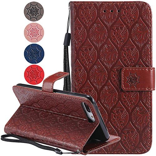 iPhone 8 Plus Wallet Case [Flip Cover][Kickstand Feature] Slim 3D Relief Rattan Flower Faux Leather Folio Hidden Cash Pouch with ID &amp; Credit Card Slots for iPhone 7 Plus - Brown