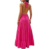 Milumia Women's V Neck Open Back Halter Dress Sleeveless Layered Summer Vacation Maxi Dresses