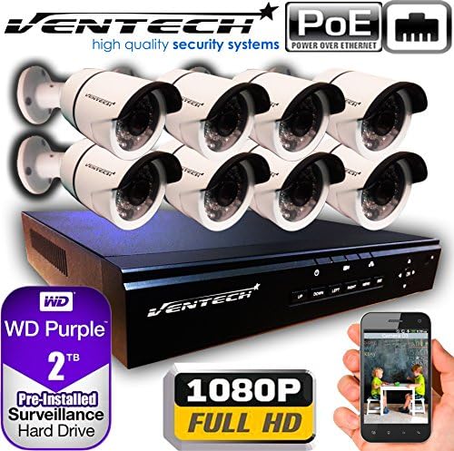 VENTECH POE Security Camera System 8CH NVR 1080P CCTV Kit with 8 Bullet Cameras Outdoor (2.0MP) 2TB H-Drive, Easy Remote Smartphone Access,100ft Night Vision