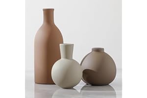 OOIT Ceramic Vase Set of 3, Vases Home Decor Rustic Farmhouse Decorative Vase Pottery Vases for Bouquet Pampas Grass Dried Fresh Flowers, Table Living Room Kitchen Bedroom Bathroom - Brown