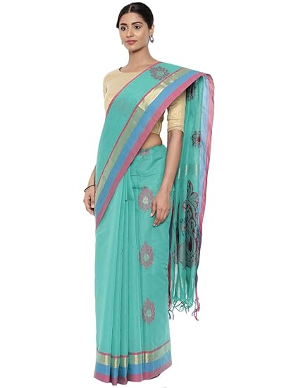 Womens Coimbatore Cotton Saree with Colorblock Border (CCMYSC10406, Atlantis Green)