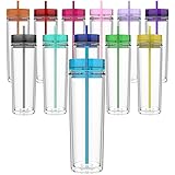 Maars Drinkware Double Wall Insulated Skinny Acrylic Tumblers with Straw and Lid, 16 oz. (12 pack, Assorted)