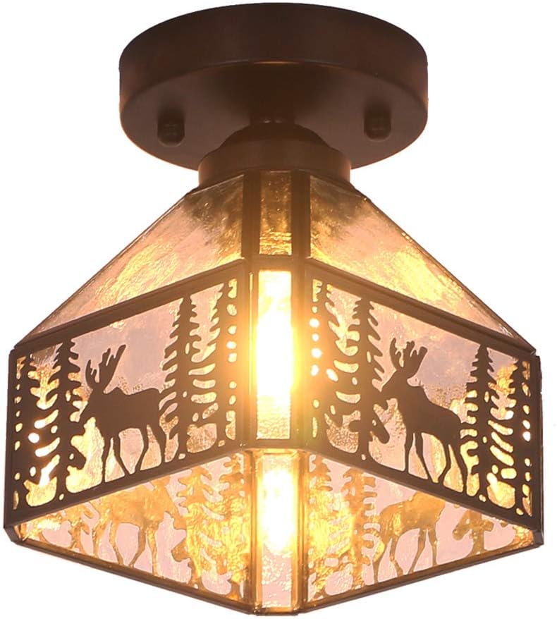 FUNME Copper Deer Ceiling Light with Stone Grain Glass Ceiling lamp Shade for Corridor Aisle Staircase Entrance, 8''(Black) - - 