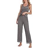 OPOIPIN Women's Pajamas Sets Scoop Neck Sleeveless Tank Tops and Elastic Waist Long Pants Sleepwear Sets with Chest Pocket Grey X-Large