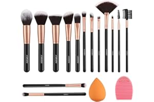 AMMIY Makeup Brushes Rose Golden 14 Pcs Makeup Brush Set with Blender Sponge and Brush Cleaner Premium Synthetic Kabuki Foundation Face Powder Blush Eyeshadow Cruelty-Free Brochas De Maquillaje