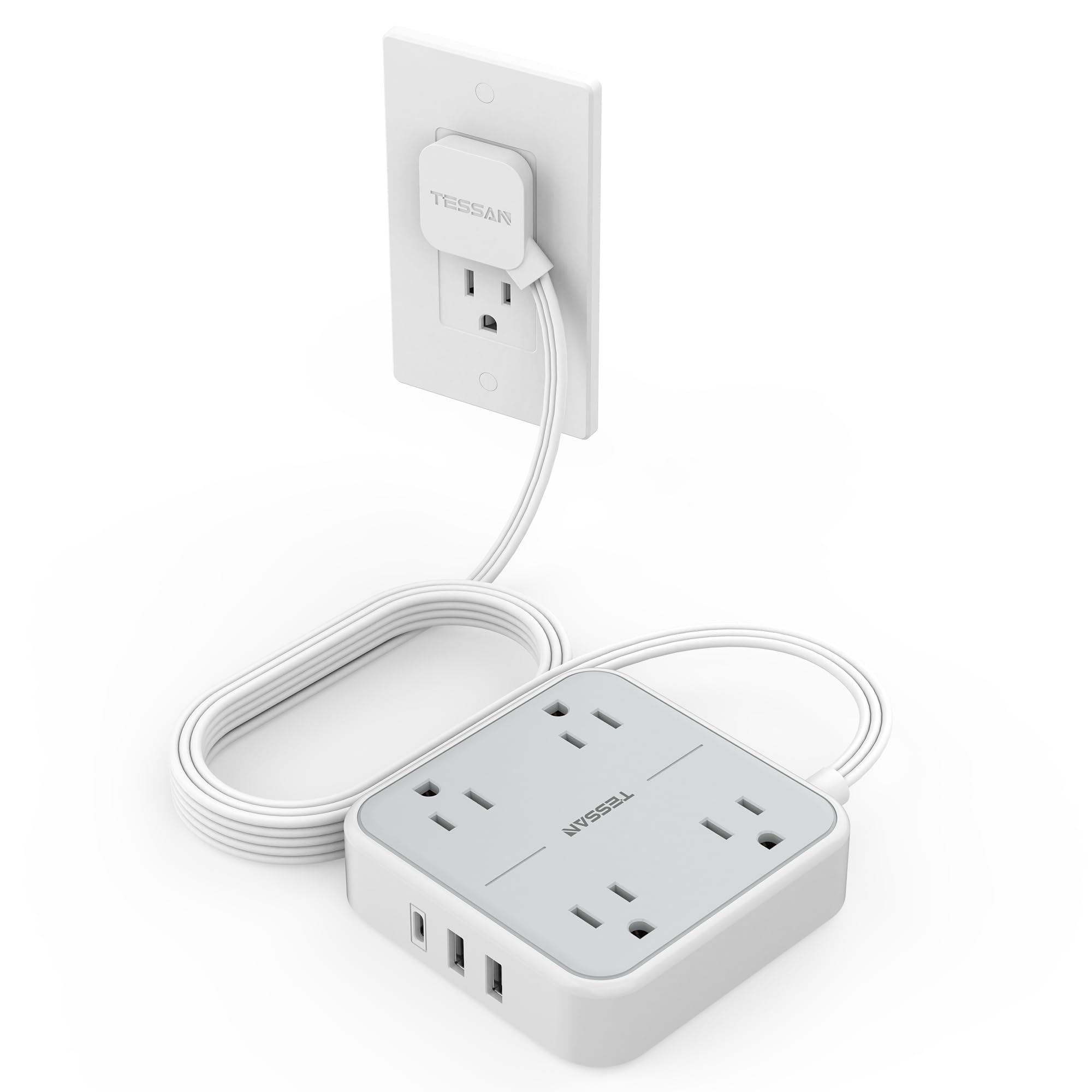 Photo 1 of Extension Cord 10 ft, TESSAN Surge Protector Power Strip Long Cord with 3 USB(1 USB C), Flat Plug with 4 AC Outlets, Small Desktop Multiple Charging Station for Home School Dorm Room Office, Grey