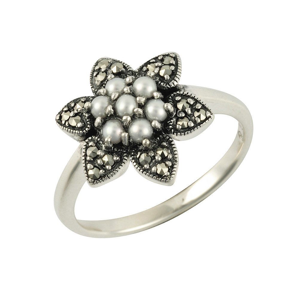 Esse Marcasite Sterling Silver Chinese Freshwater Pearl & Marcasite Petite Flower Ring - Size N