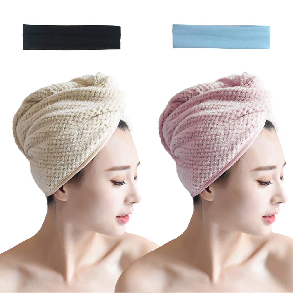 YOFASEN Hair Towel - Soft Microfiber Water Absorbent Quick Dry Towels Rapid Drying Button Wrap Turban Towel and 2 pcs Headband, Set 4 (Beige+Pink)