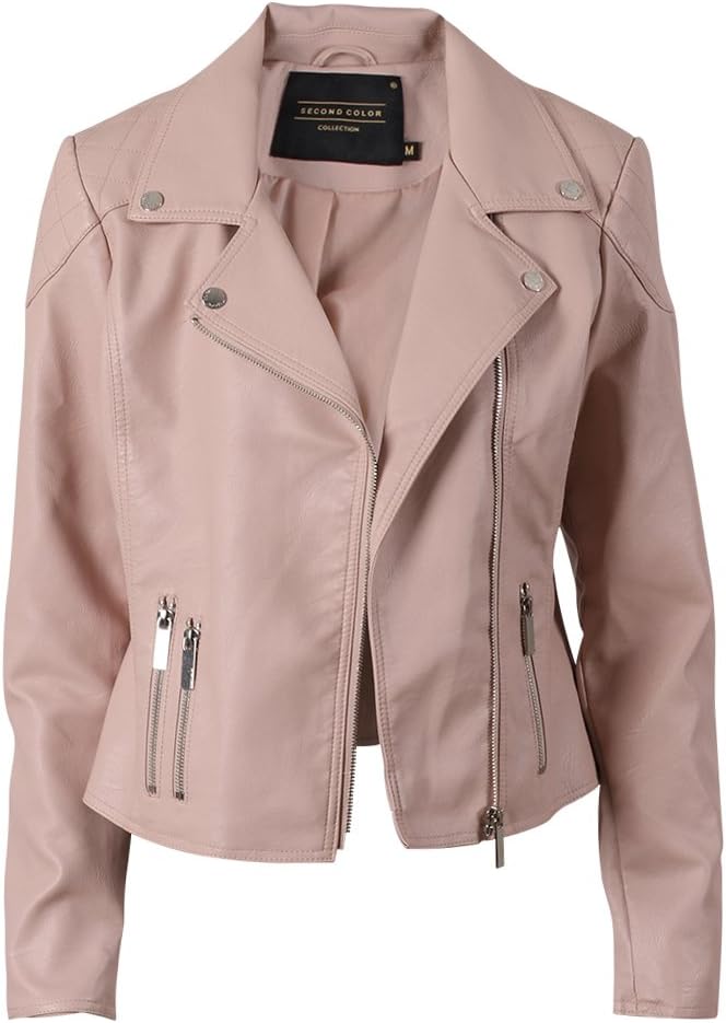 Second Color Ladies' Slim Leather Jackets, Ladies Basic Chic Cute Soft Faux Leather Outerwear Short Motorbike Jacket Women Coat,Pink,X-Large