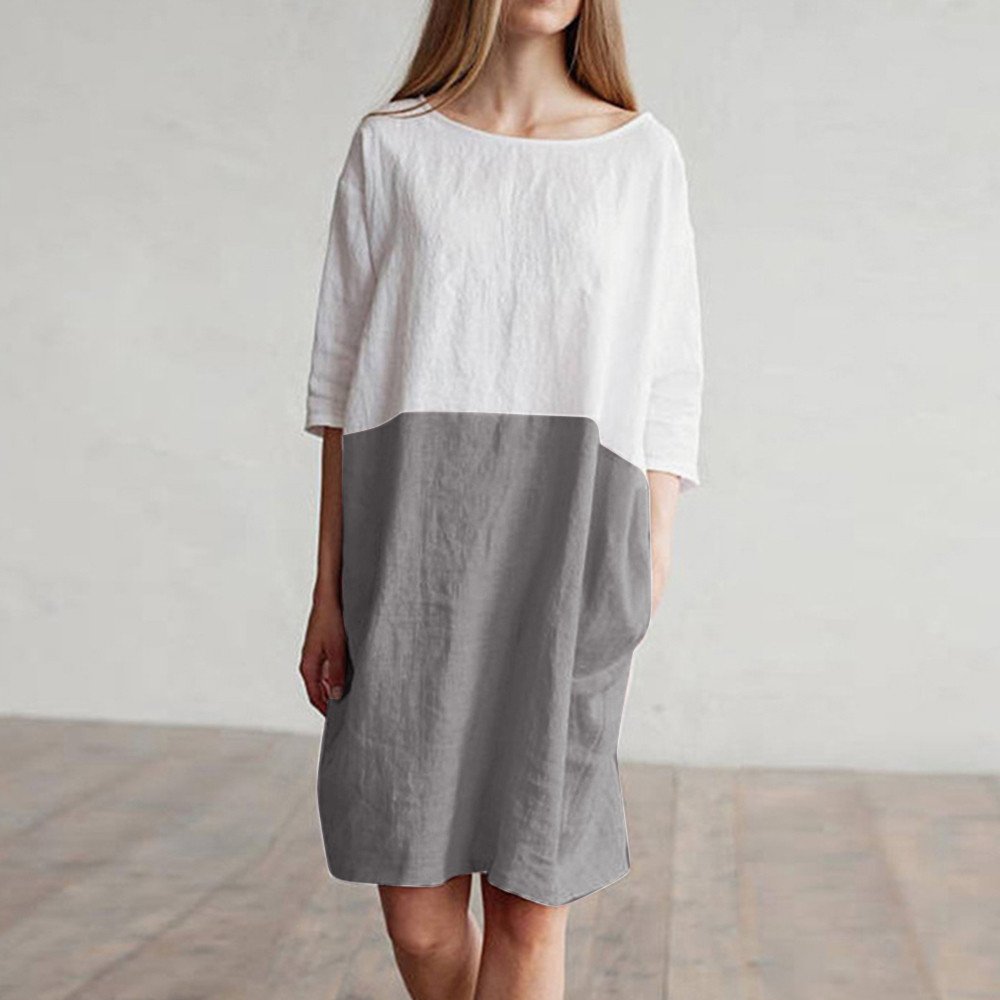 POTO Women Dresses, Loose Color Stitching Casual Dresses with Pockets Cotton Linen Tunic Dress Party Dress Beach Dress