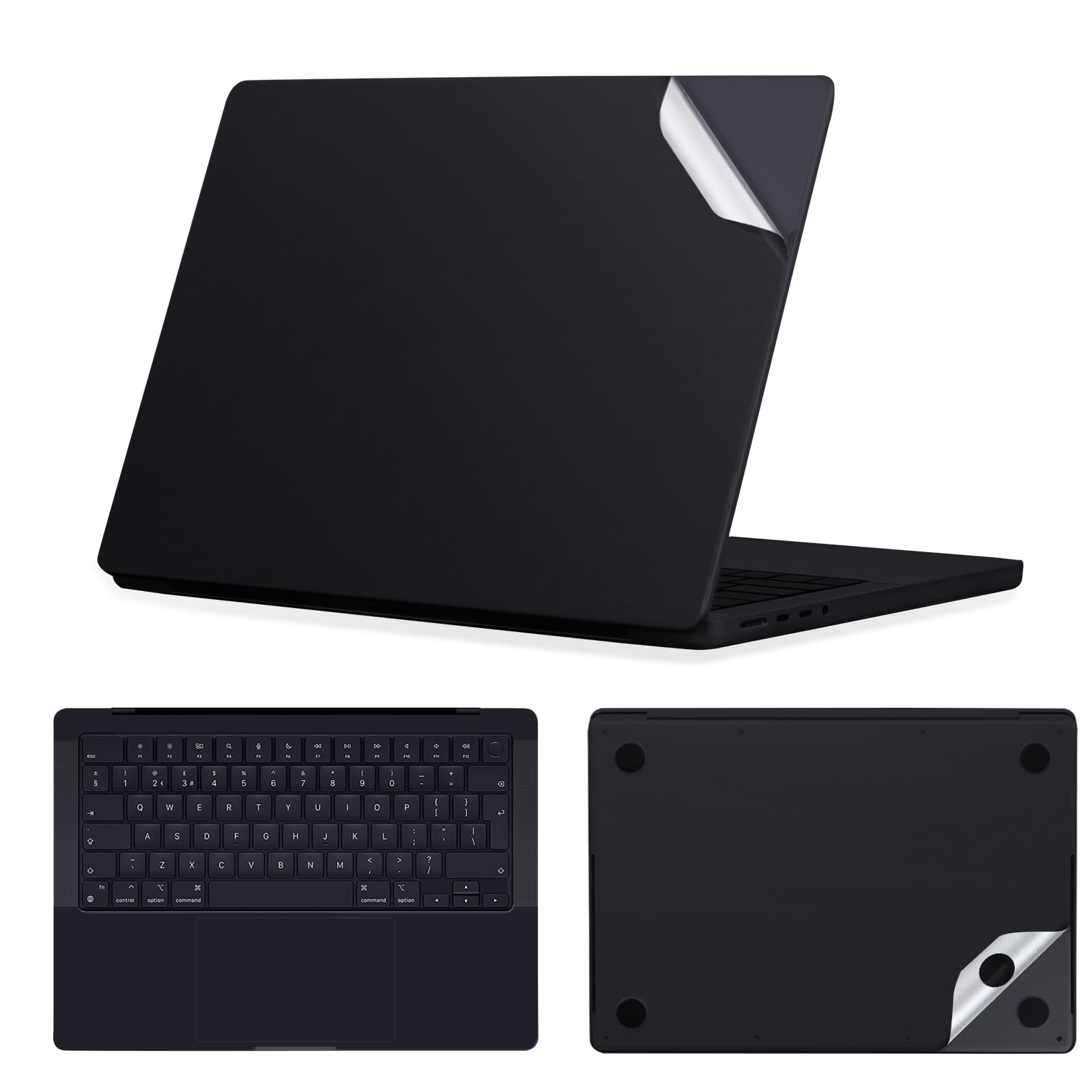 Photo 1 of IMMOENUC 3-in-1 Laptop Sticker Skin for 2024 2023 MacBook Pro 14 M4 M3 Pro/Max 14 inch Solid Colour Laptop Cover Top+Bottom Cover+Full Tray Sticker Compatible with 2021 Pro 14 (M2,M1) Black