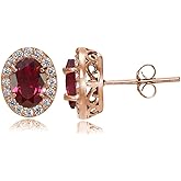 Rose Gold Flashed Sterling Silver Genuine, Created or Simulated Gemstone and Cubic Zirconia Accents Oval Halo Stud Earrings