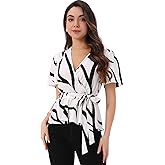 Allegra K Printed Peplum Top for Women's Flutter Sleeves Elastic Waist Belt Wrap V Neck Blouse
