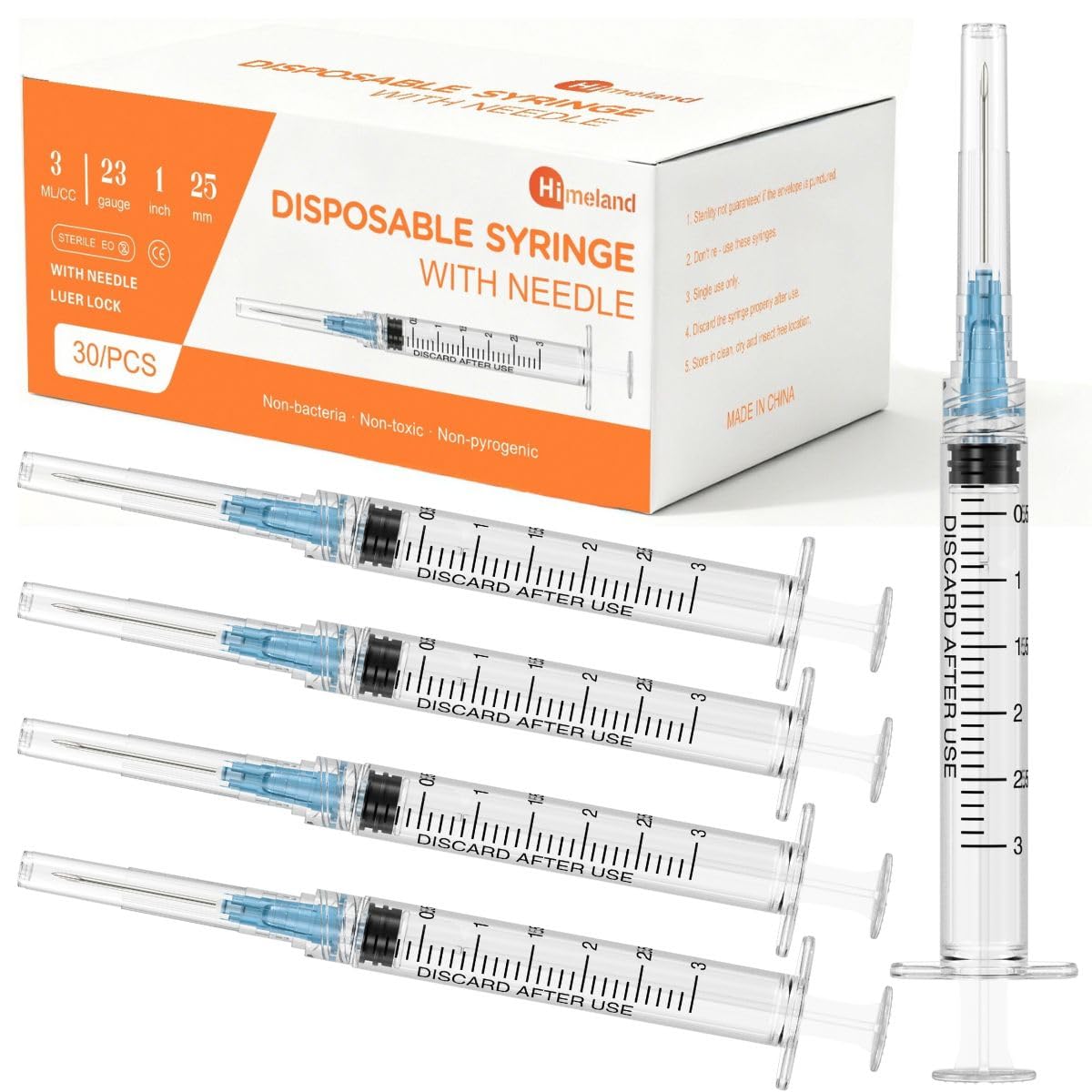 Photo 1 of 30 Pack 3ml Disposable Syringe with 23Ga 1.0 Inch Needle, Luer Lock Syringes, Individually Wrapped Lab Supplies