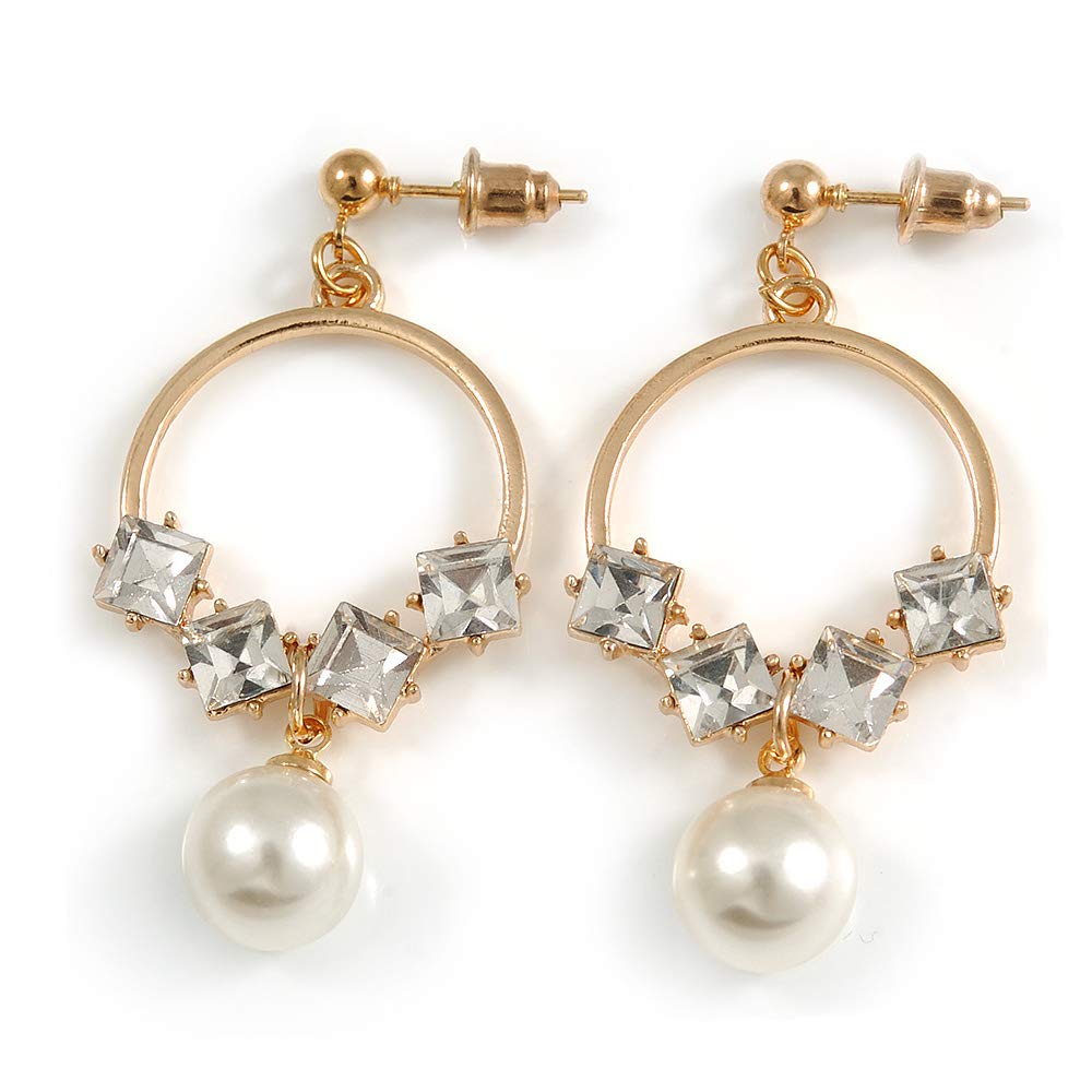 Small Hoop with Dangling Pearl/Clear Crystal Earrings/Gold Tone/ 45mm Drop