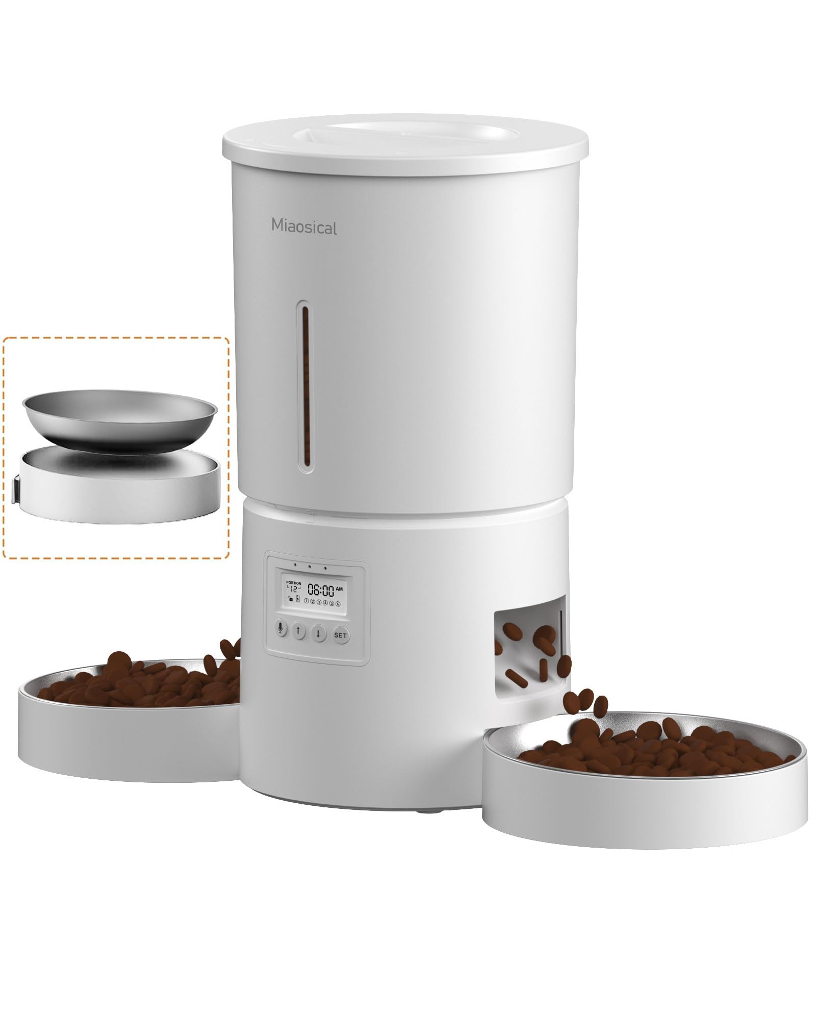 Photo 1 of **MISSING PARTS/NO POWER PLUG/MISSING ONE BOWL**Automatic Cat Feeder for 2 Cats,6 Meals/Day,12 Portions/Meal,Dual Power Double Bowls,Dry Pet Food Autofeeder,10S Voice Record,Flexible Programmable Schedule Timer(White,Stainless Dual Bowls)