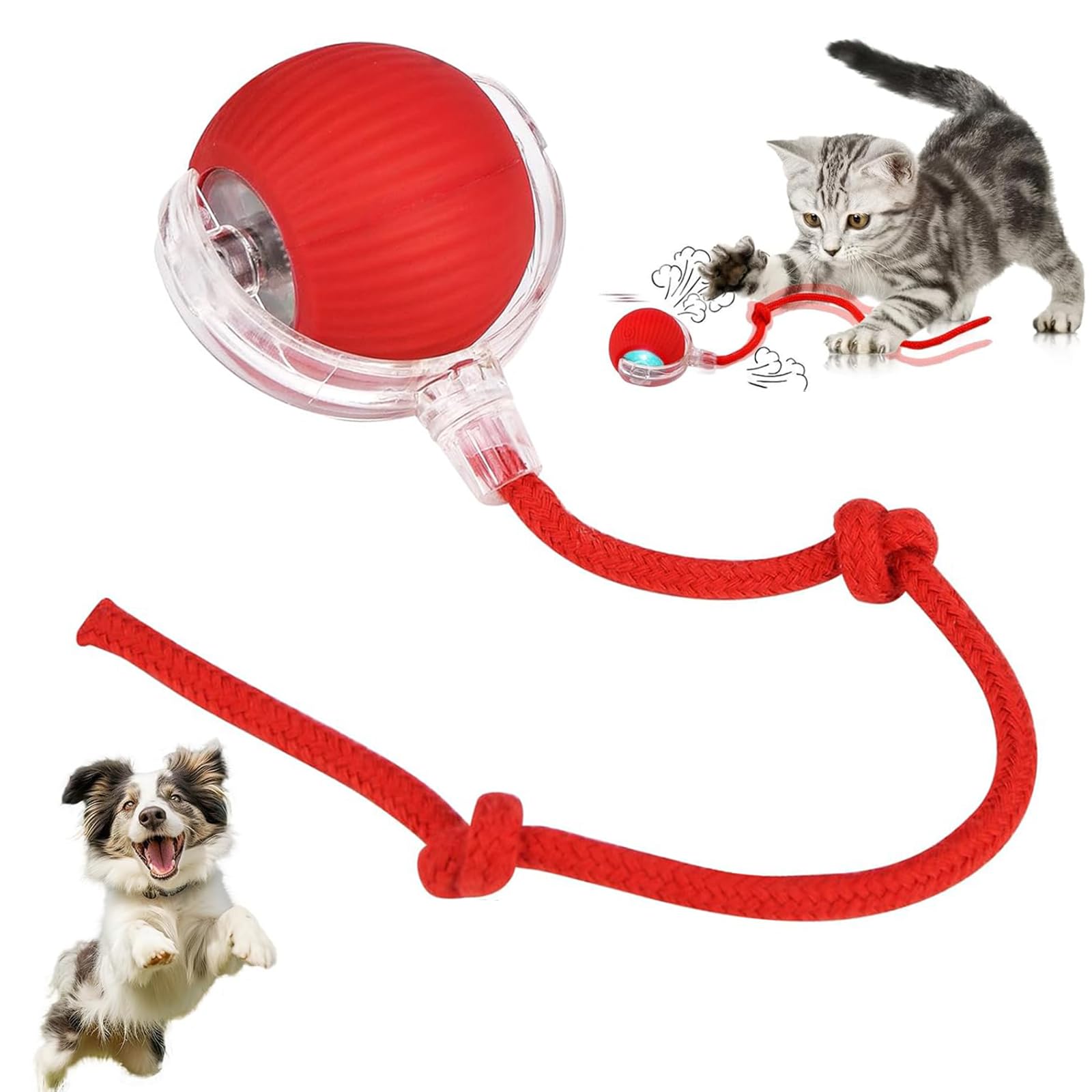 xinrongda Interactive Moving Cat Dog Toy Ball, Active Rolling Ball with Tail, 360°Smart Automatic Rolling Balls for Dogs, USB Rechargeable Cats Toys, Moving Dog Ball For Pets, Chase Mate toy Red