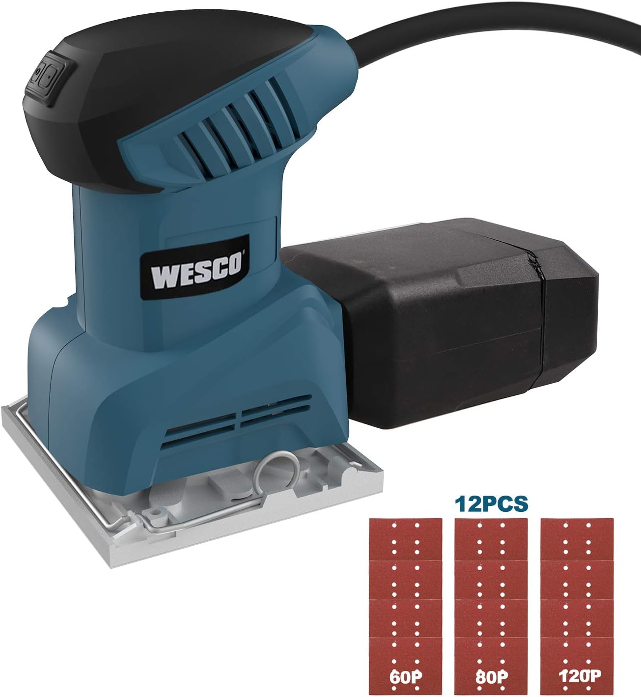 WESCO 2A Palm Sander, Aluminum Sanding Base (4''4-5/16''), 12, 000 RPM, 12Pcs Sanding Sheets, Dust Box, Vacuum Adaptor, Paper Punch, Sheet Sander for Sanding, Derusting/WS4151U.1 - - 
