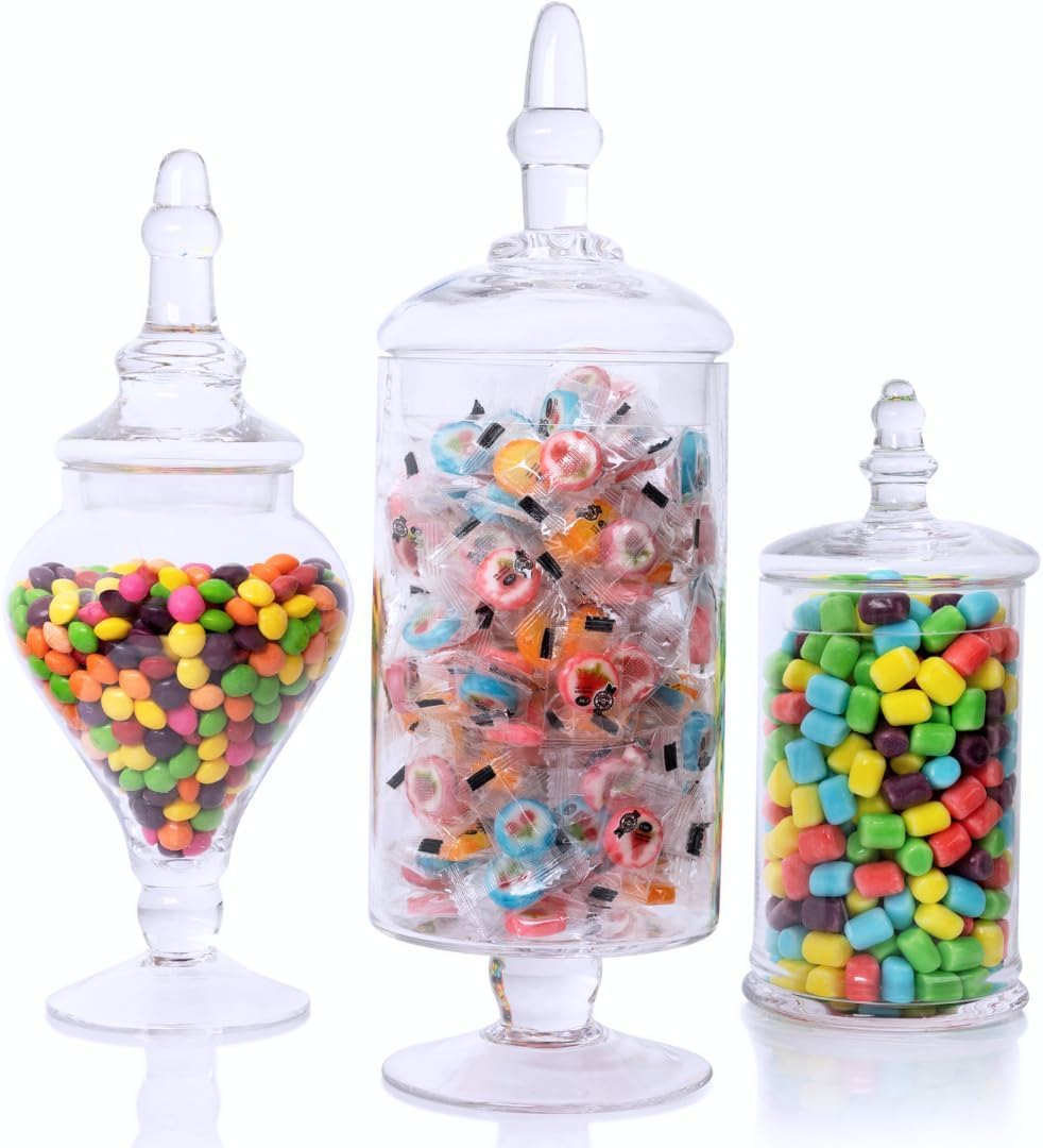 Photo 1 of Mantello Glass Apothecary Jars with Lids - Set of 3 for Candy Buffet, Bathroom, Kitchen, Large