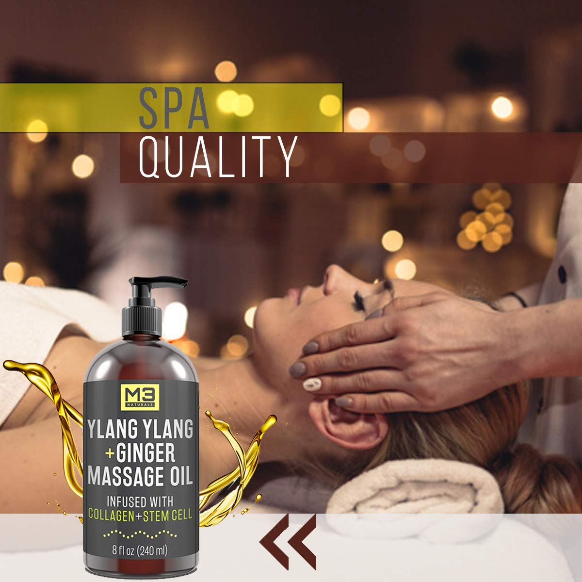 M3 Naturals Ylang Ylang and Ginger Massage Oil Infused with Collagen and Stem Cell - Therapeutic Anti-Cellulite Body Lotion Cream - Essential Oils Deep Tissue Relaxation, Sore Muscle Relief 8 oz : Beauty