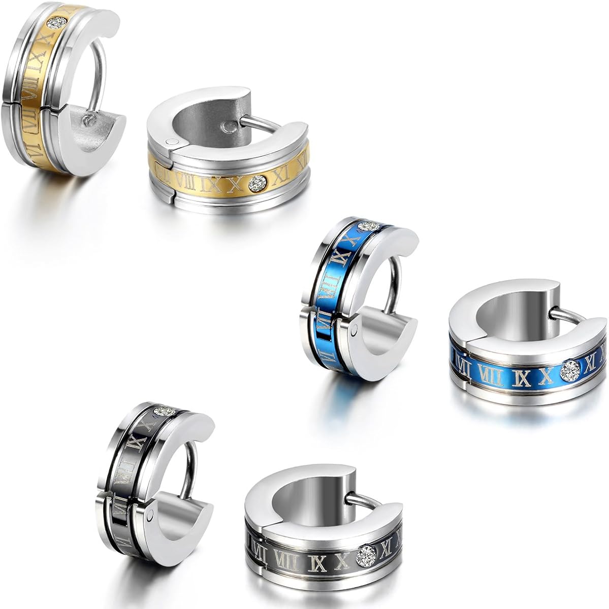 JewelryWe 3 works of Unisex Stainless Steel Roman Numbers Huggie Hinged Hoop Dangle Earrings Set, Hypoallergenic, 6pcs